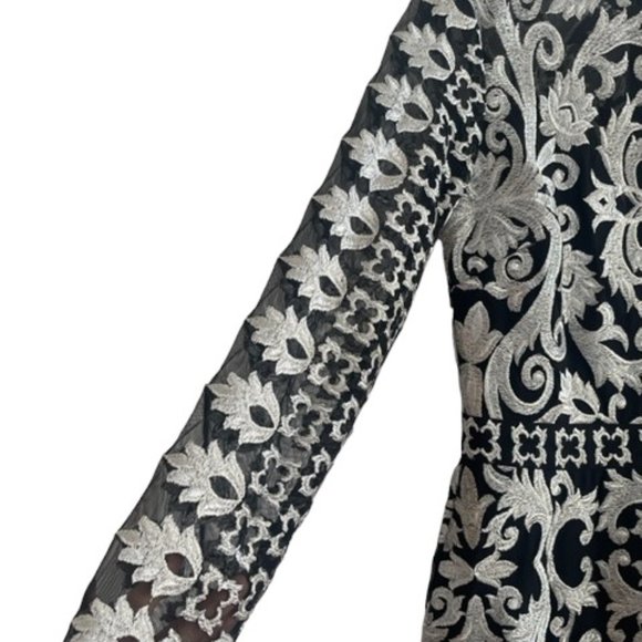 Unique Nicole Miller Scroll Embroidery Illusion Dress, Black/Silver Color Size 0 - Picture 5 of 8